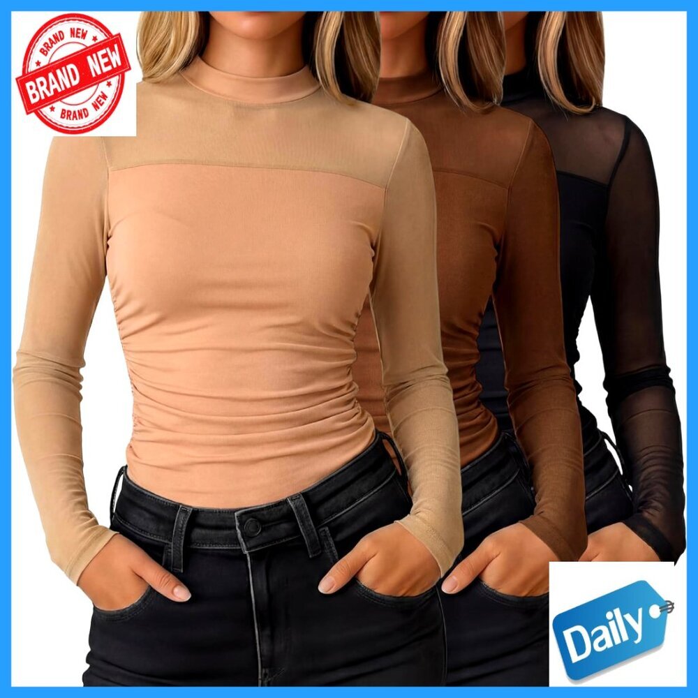 3 Pack Sheer Mesh Tops Long Sleeve Mock Neck Ruched Blouse Party Clubwear
